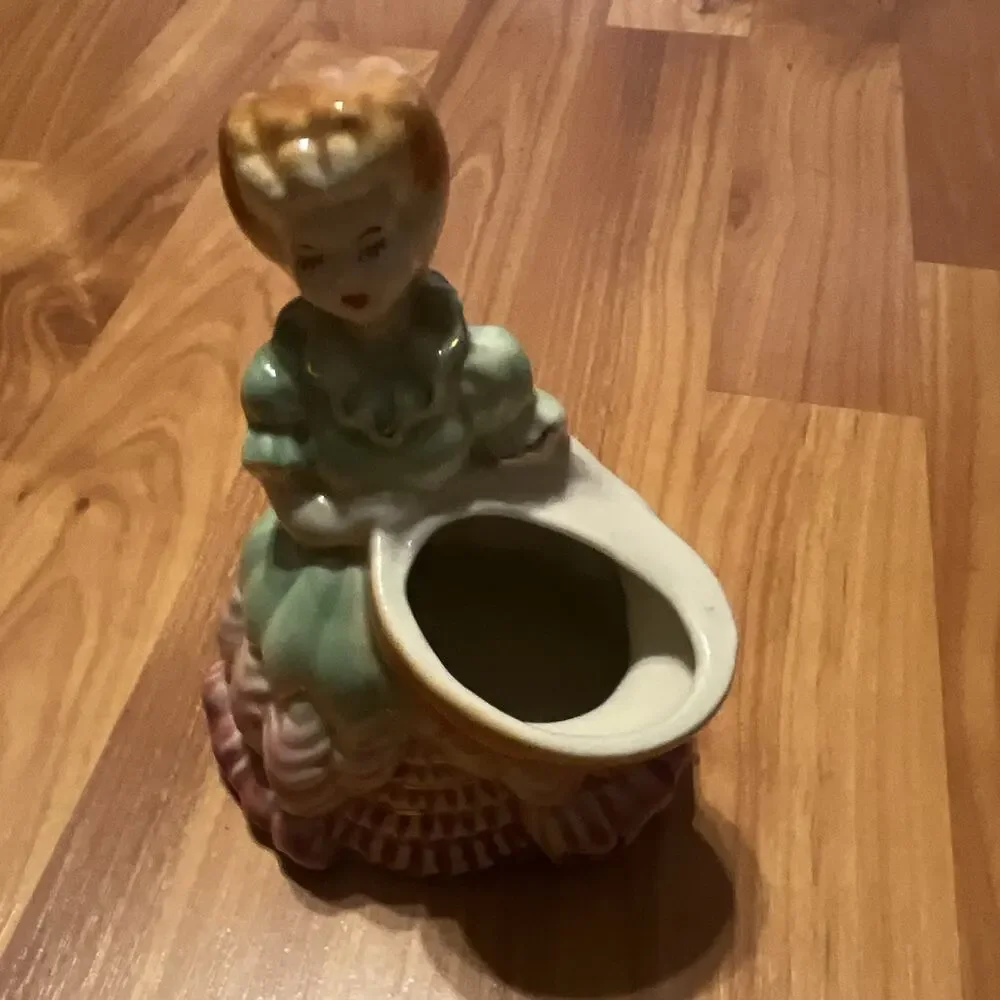 Vintage Ceramic Woman Figurine Bud Vase, Green Dress Pink Base, Small Gloss 6 in